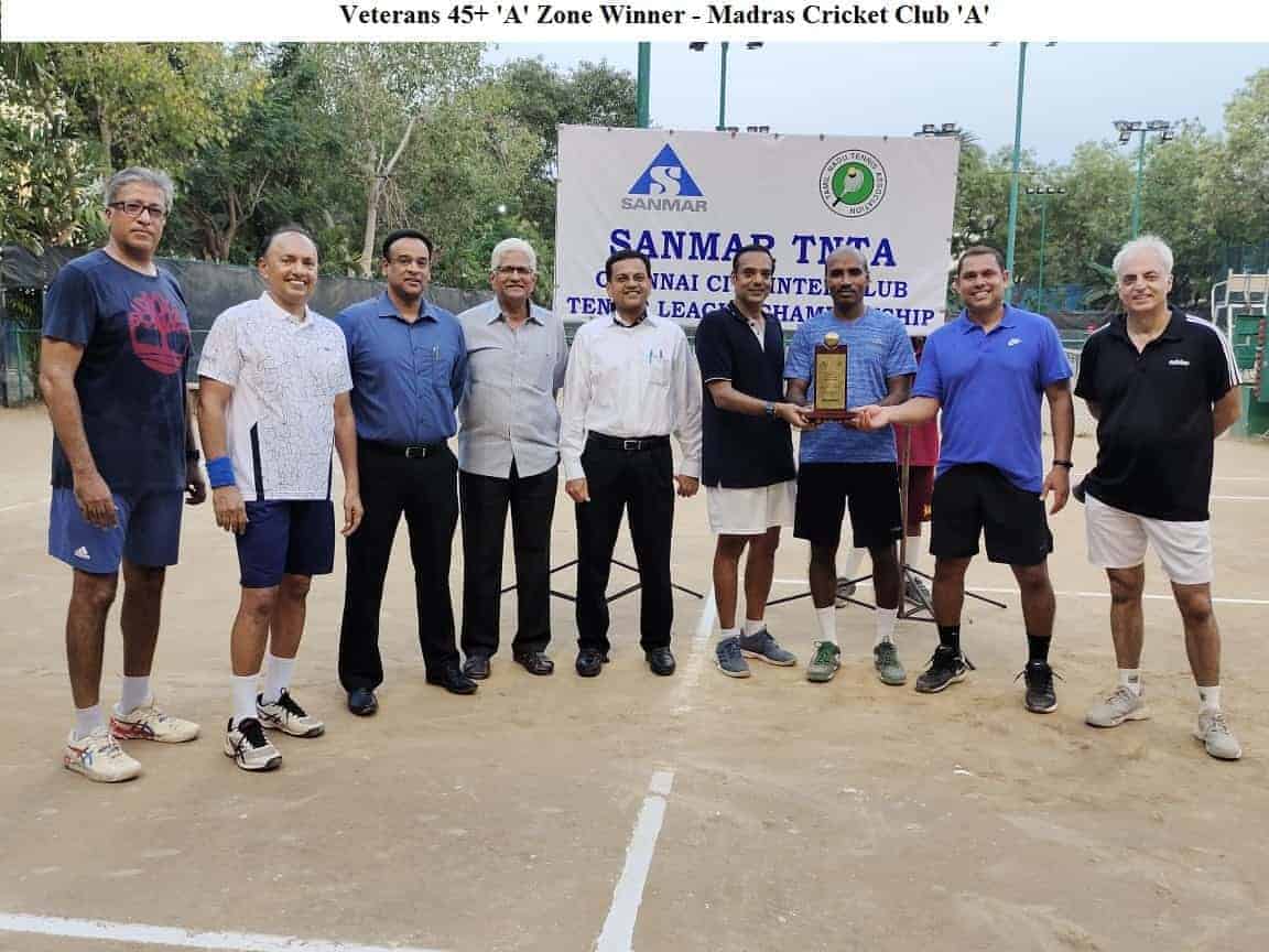 SANMAR-TNTA VETERANS 45+ TENNIS LEAGUE CHAMPIONSHIP  2019 -2020- Veterans 45+ ‘A’ Zone Winner – Madras Cricket Club ‘A’